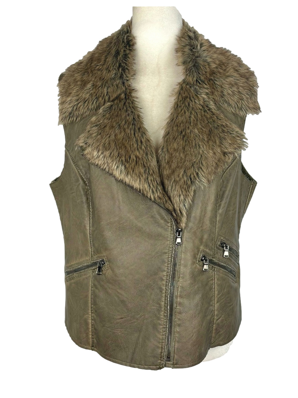 Tribal khaki faux leather and faux fur vest